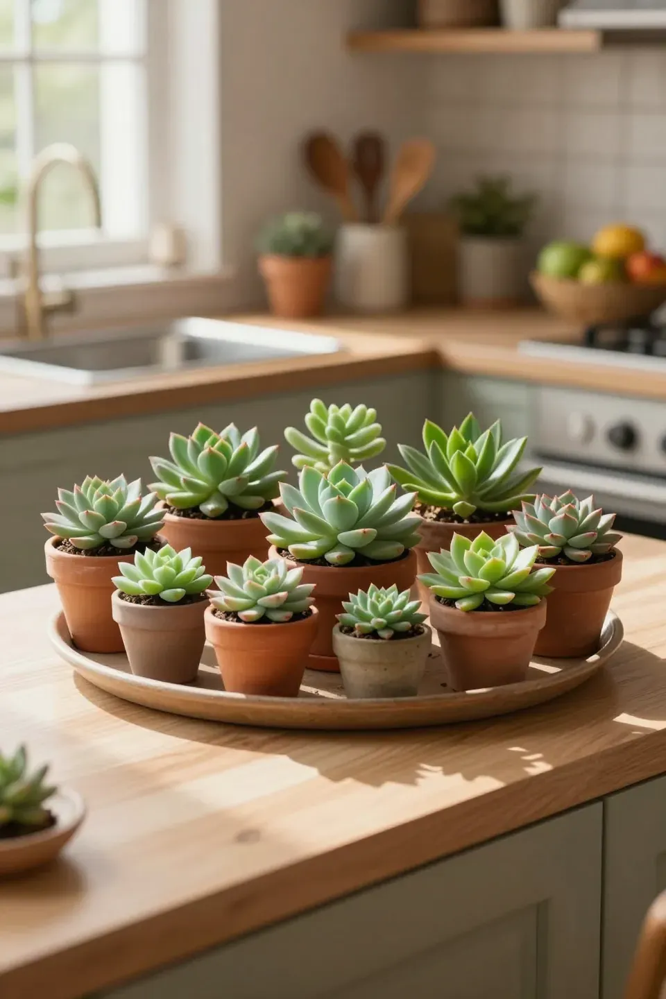 A mini succulent garden on a kitchen counter in terracotta pots.