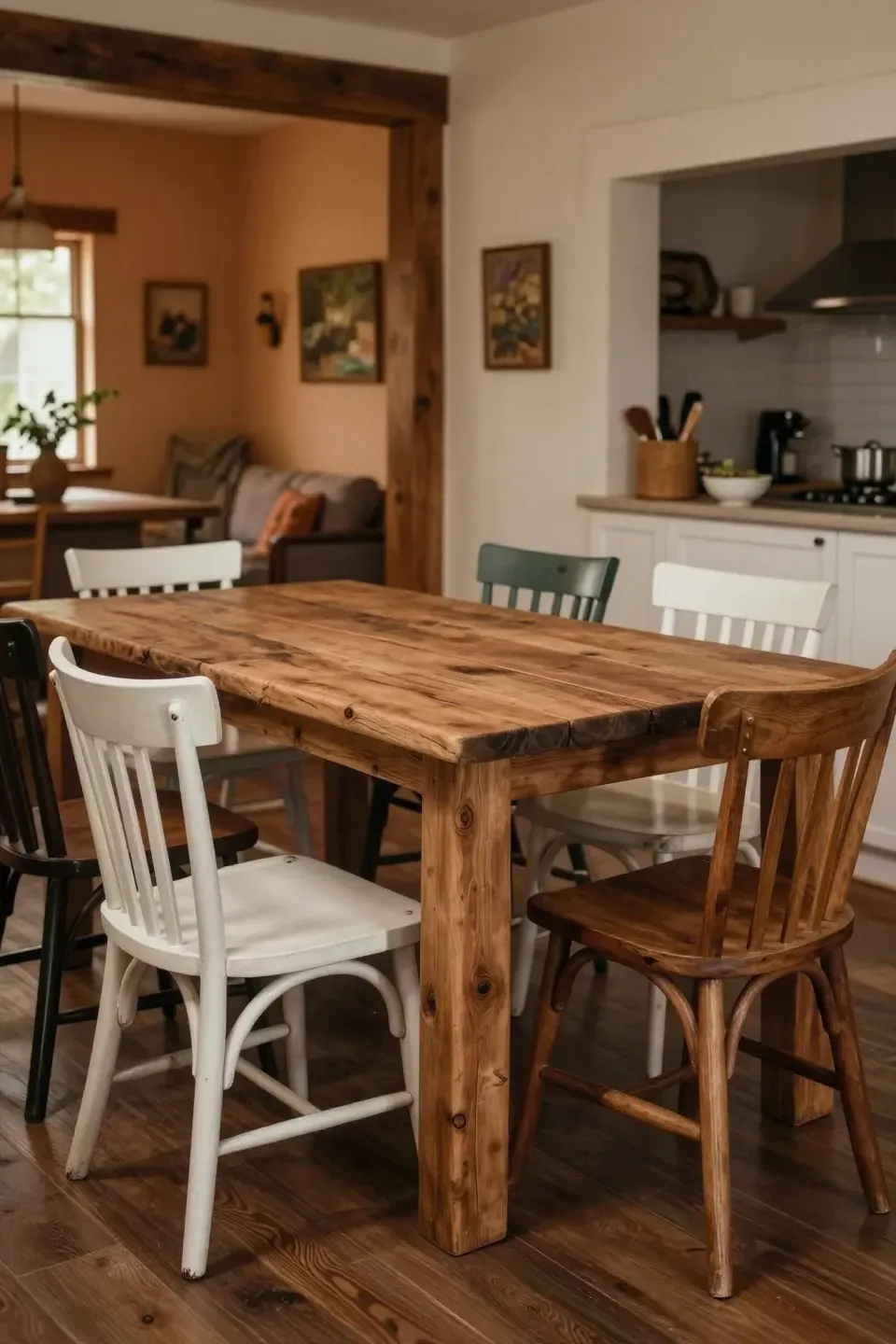 A rustic wooden dining table surrounded by mismatched chairs.