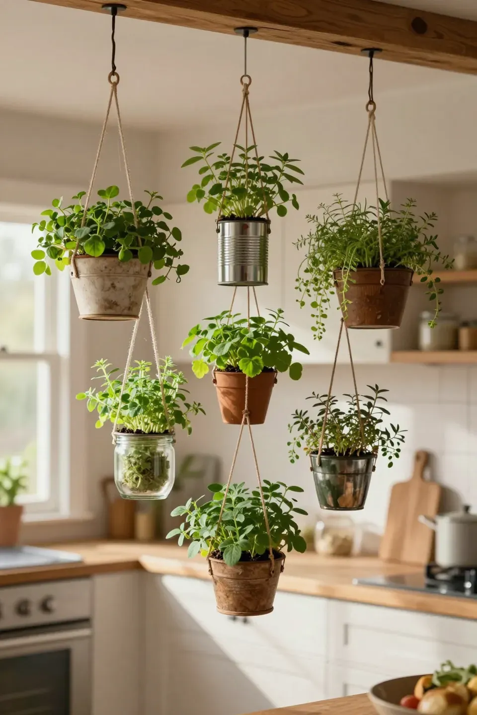 A hanging herb garden made from reclaimed containers in a kitchen.