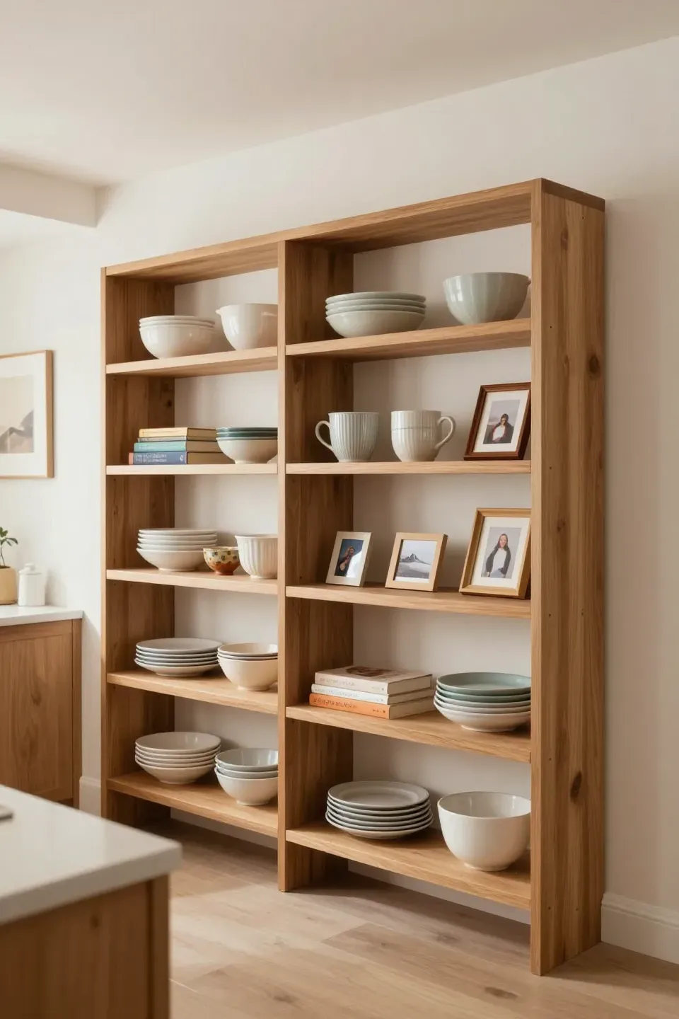 Open shelving in a kitchen displaying personal items and decor.