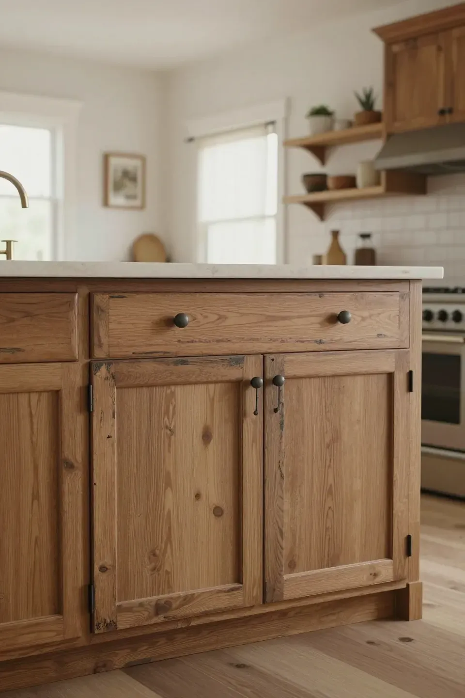 Natural wood cabinetry with a distressed finish in a kitchen.