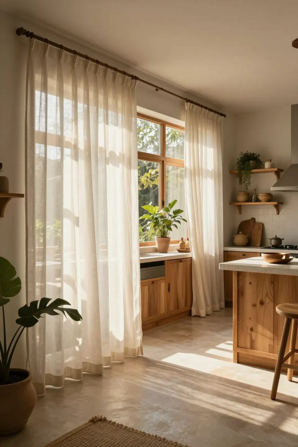 Bright boho kitchen with sheer curtains allowing natural light to filter through.