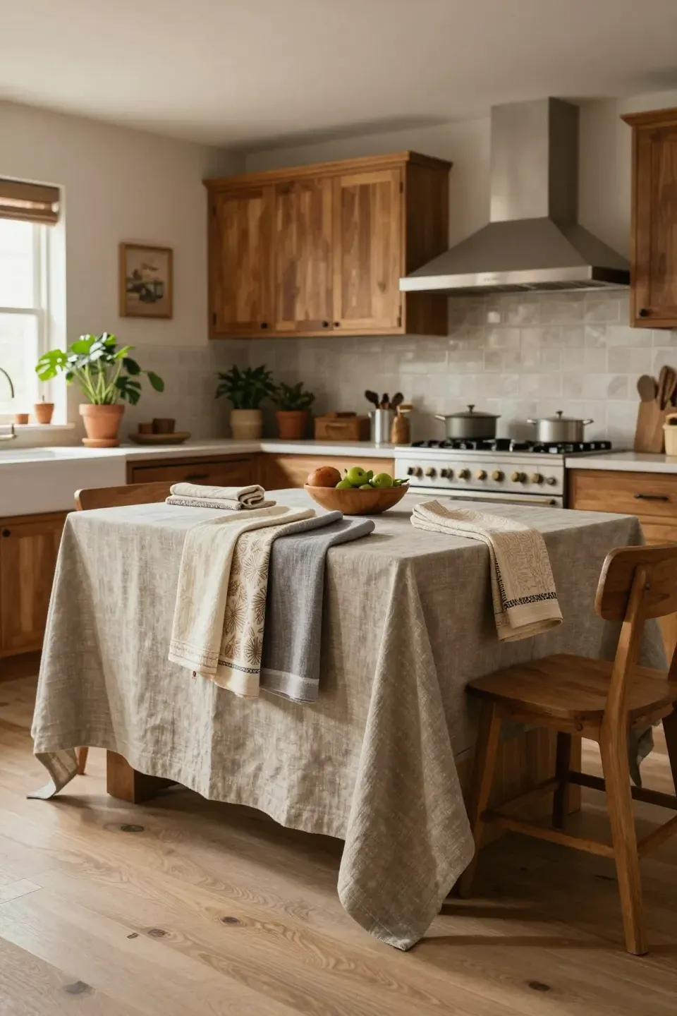 Cozy kitchen showcasing earthy textiles in linens like dish towels and tablecloths.
