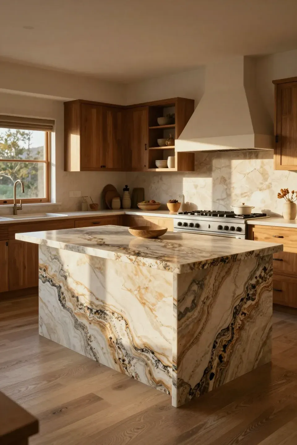 Modern kitchen featuring beautiful natural stone countertops with earthy tones.