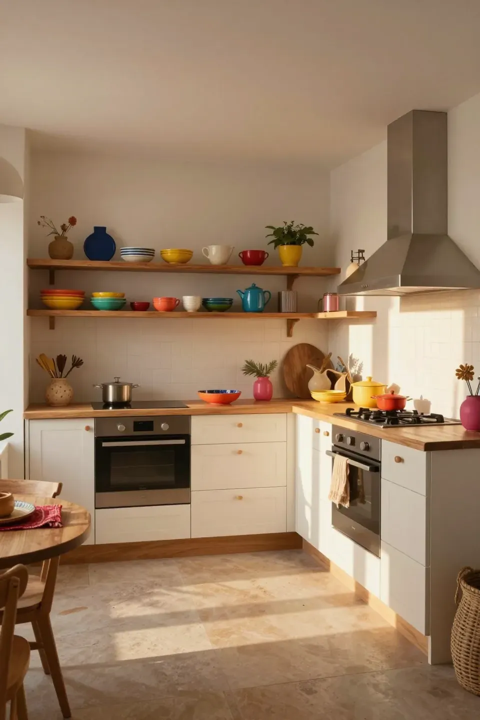 Vibrant small boho kitchen featuring bold color accents against a neutral backdrop.