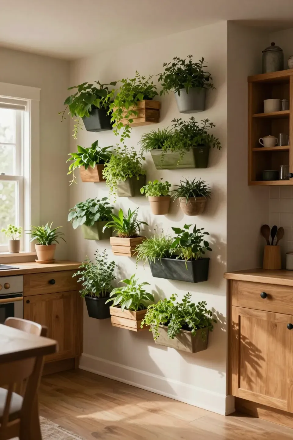 A vibrant vertical garden mounted on a kitchen wall, showcasing lush herbs.