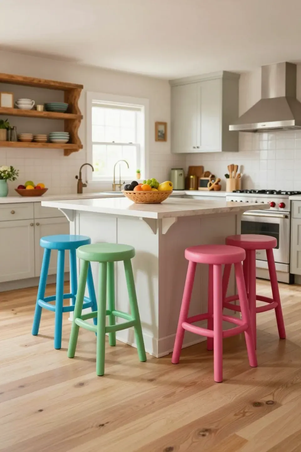 A lively kitchen island featuring brightly colored bar stools that pop against cabinetry.
