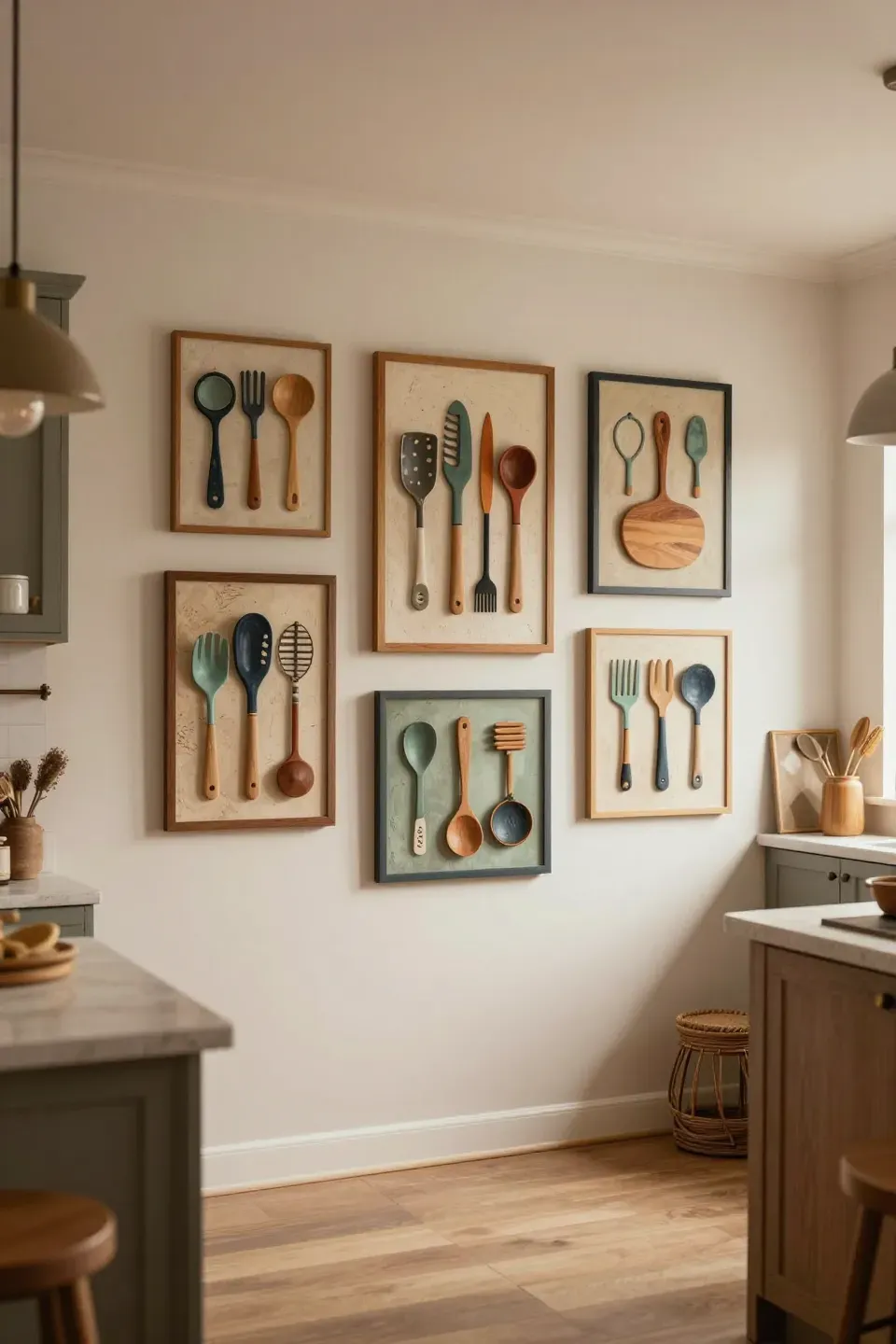 A creative wall display featuring custom art made from everyday kitchen tools.