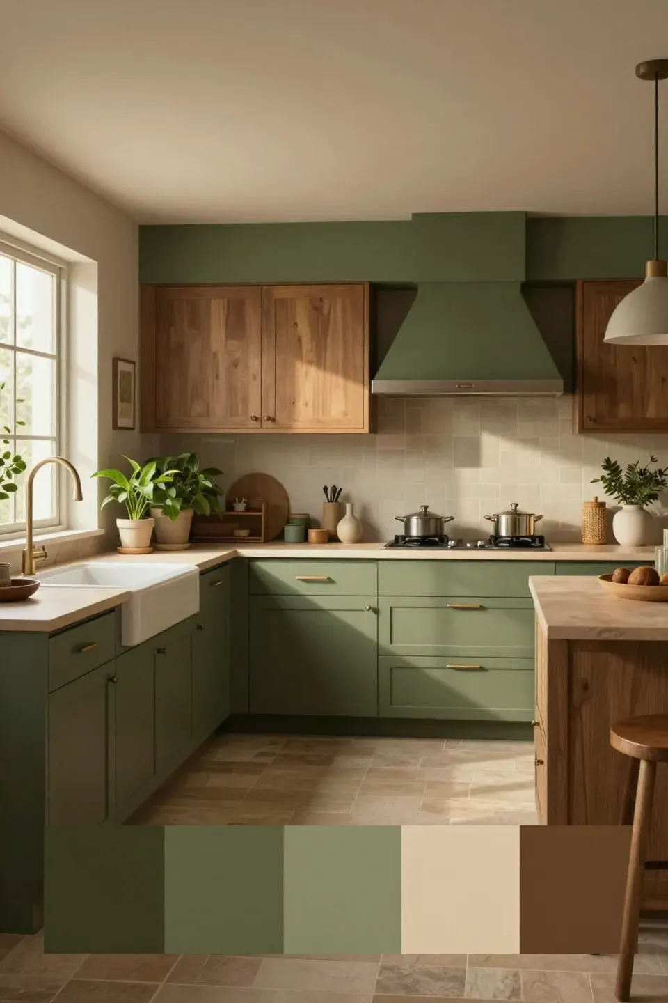 Cozy kitchen showcasing an earthy color palette of greens and browns.