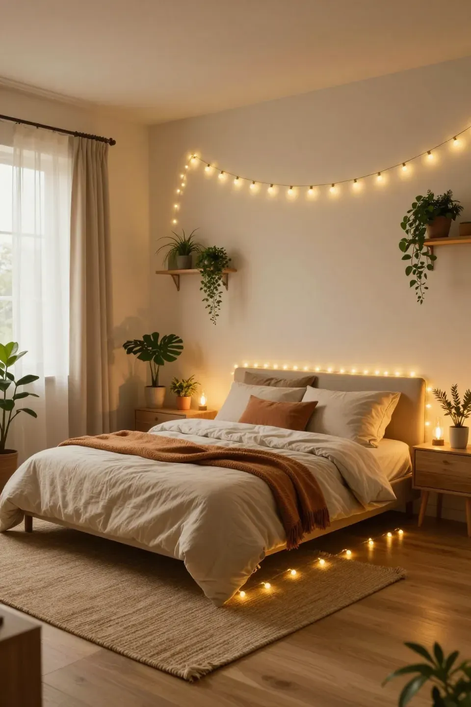 A tranquil bedroom illuminated by warm string lights creating a cozy atmosphere.