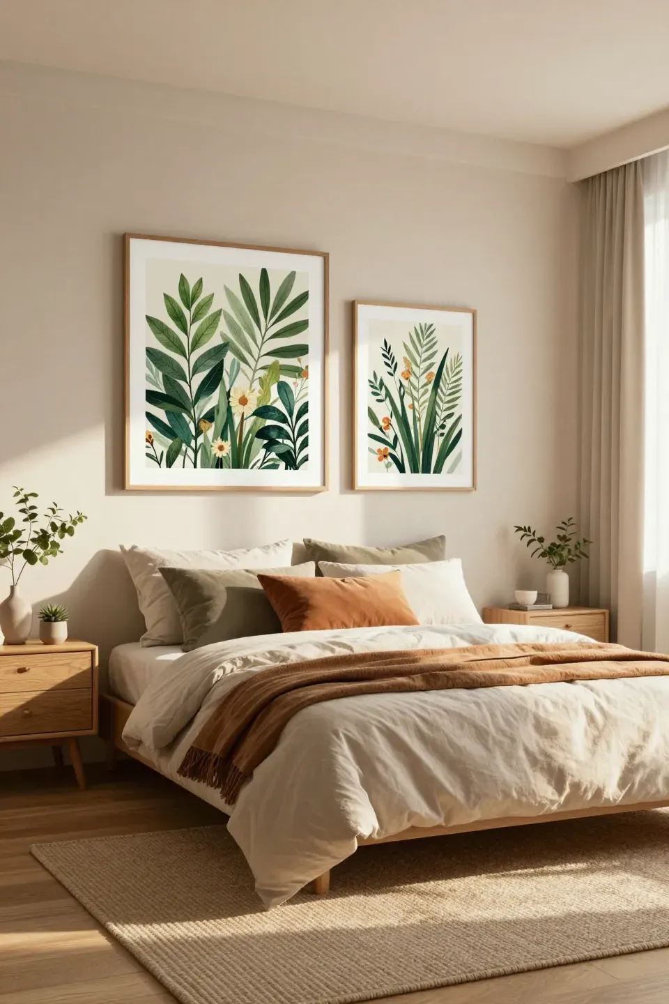 A stylish bedroom featuring botanical prints above the bed, enhancing the nature-inspired theme.