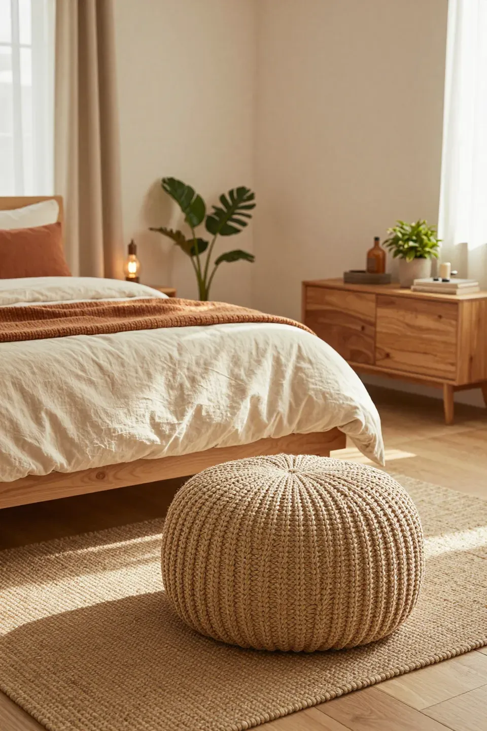 A cozy bedroom featuring a knitted jute pouf, adding texture and warmth to the space.