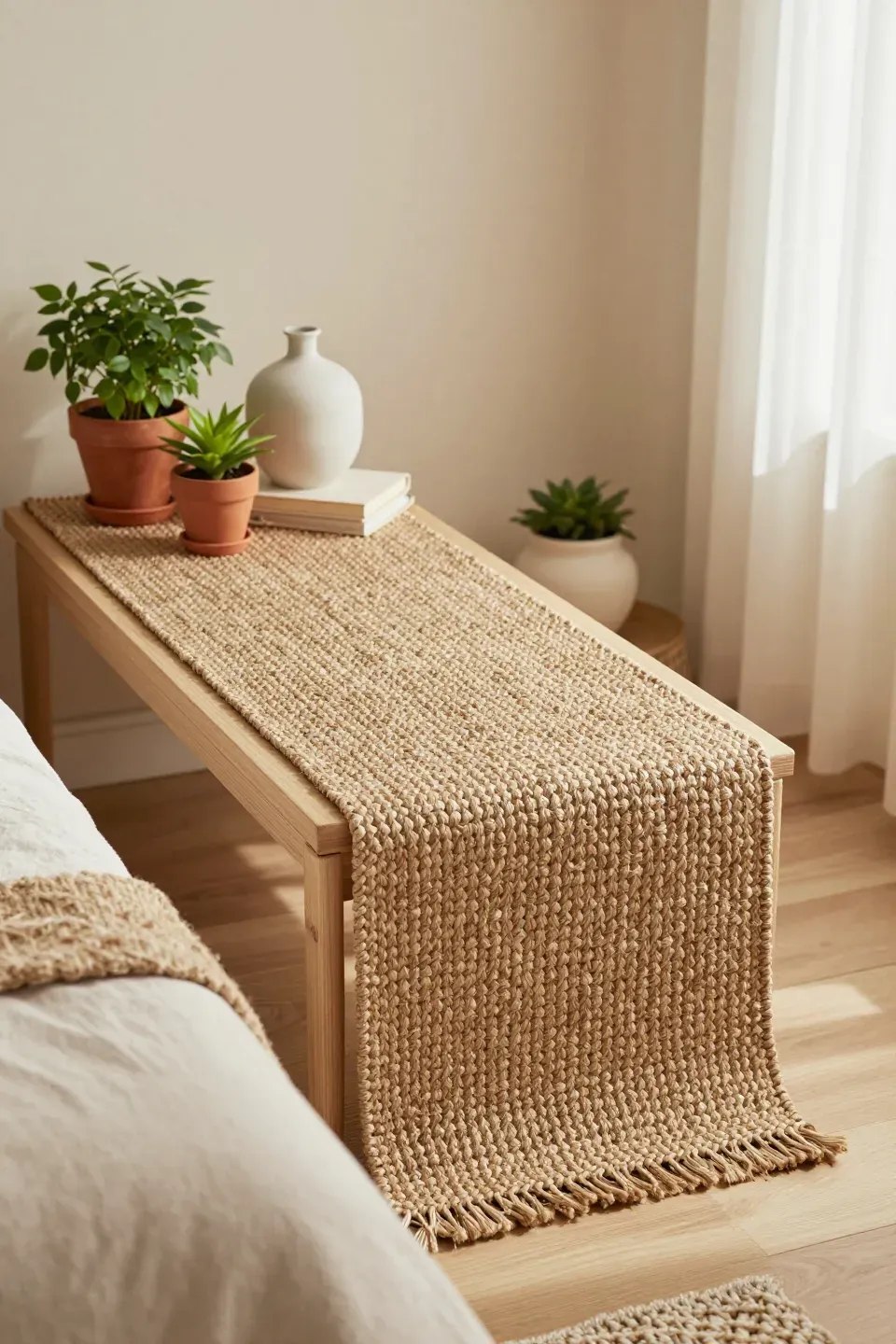 A bedside table with a woven jute runner, adorned with plants and decor in a serene bedroom.