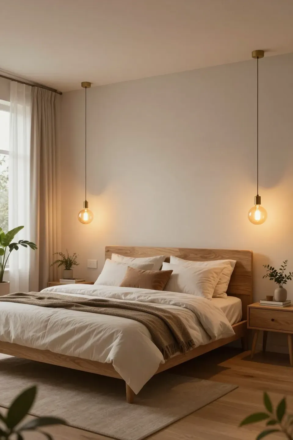 A cozy bedroom with low-hanging pendant lights creating a warm glow around the bed.