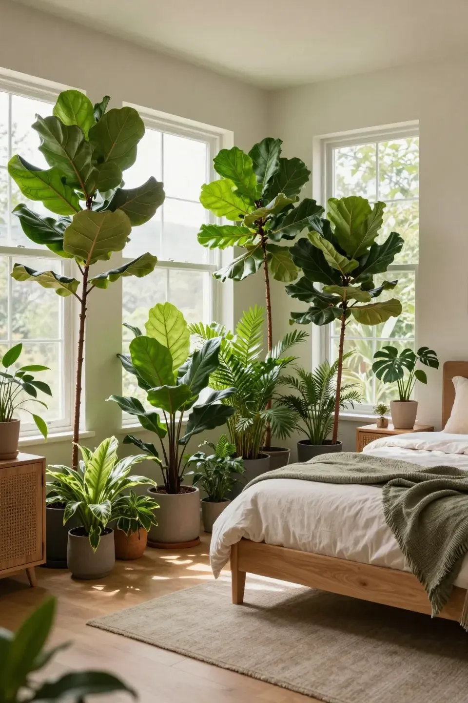 A vibrant bedroom filled with large floor plants, enhancing the earthy aesthetic.