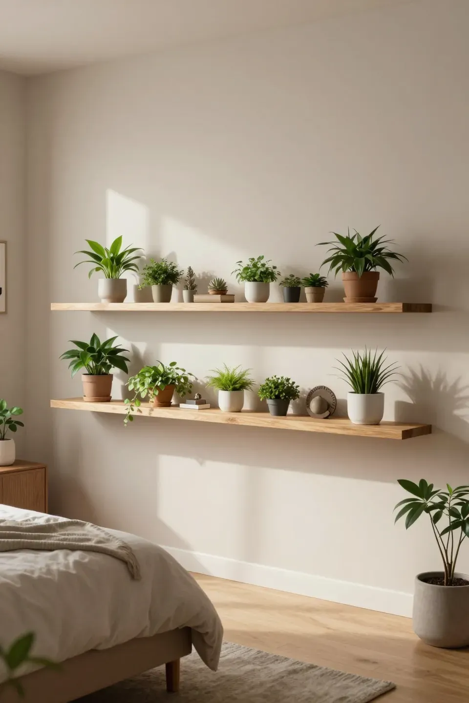 A stylish floating shelf in a bedroom displaying small plants and decorative items.