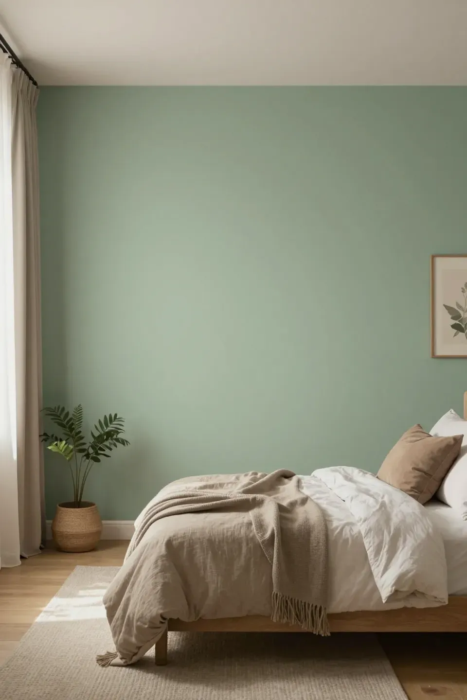 A tranquil bedroom with a soft sage green accent wall enhancing the peaceful atmosphere.