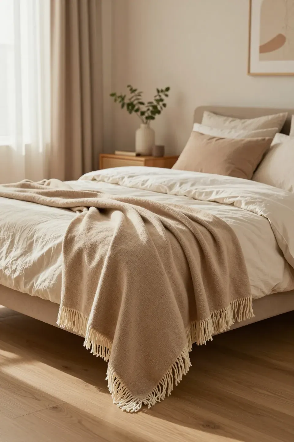 A cozy bedroom featuring a fringed throw at the foot of the bed, adding warmth and style.