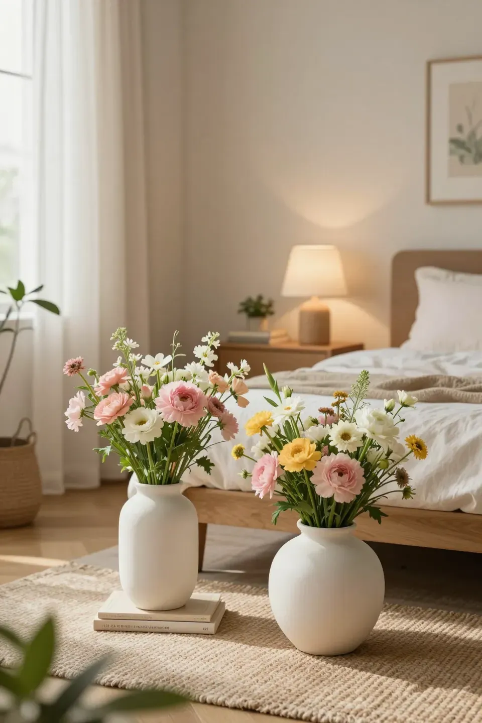 A serene bedroom with matte ceramic vases filled with fresh flowers on a bedside table.