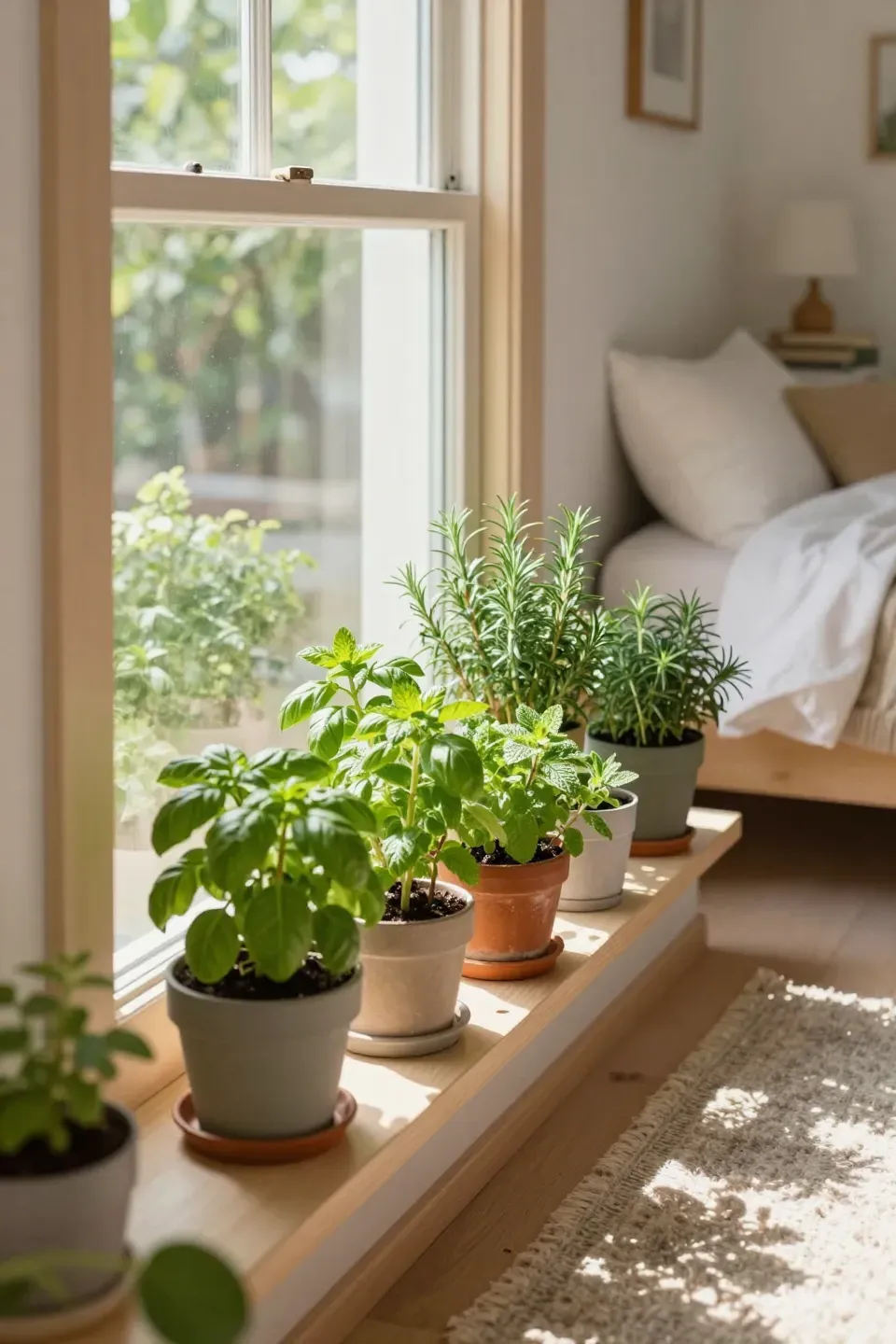 A cozy bedroom with a mini herb garden on the windowsill filled with vibrant green herbs.