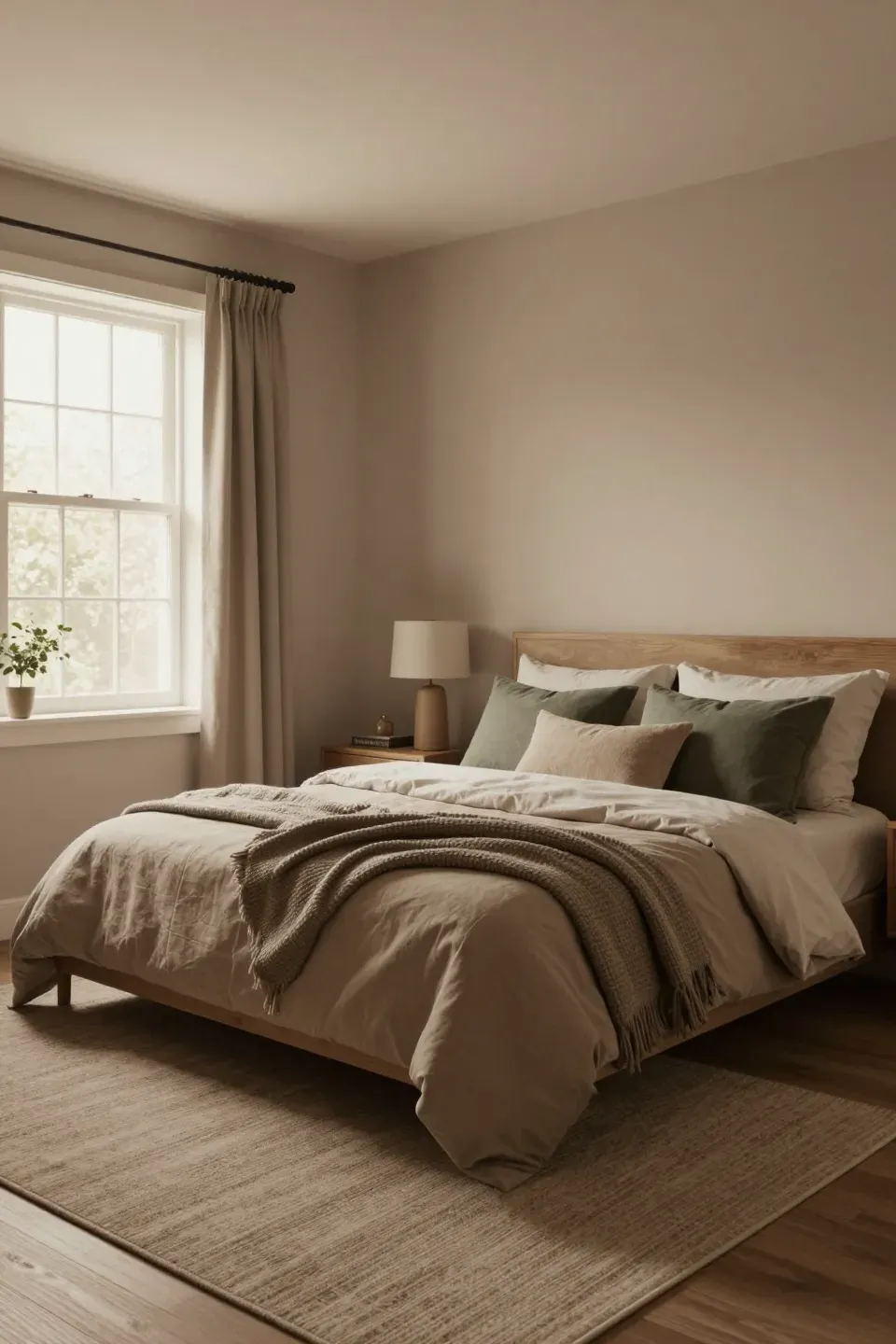A tranquil bedroom styled in muted earth tones, creating a calm and inviting atmosphere.