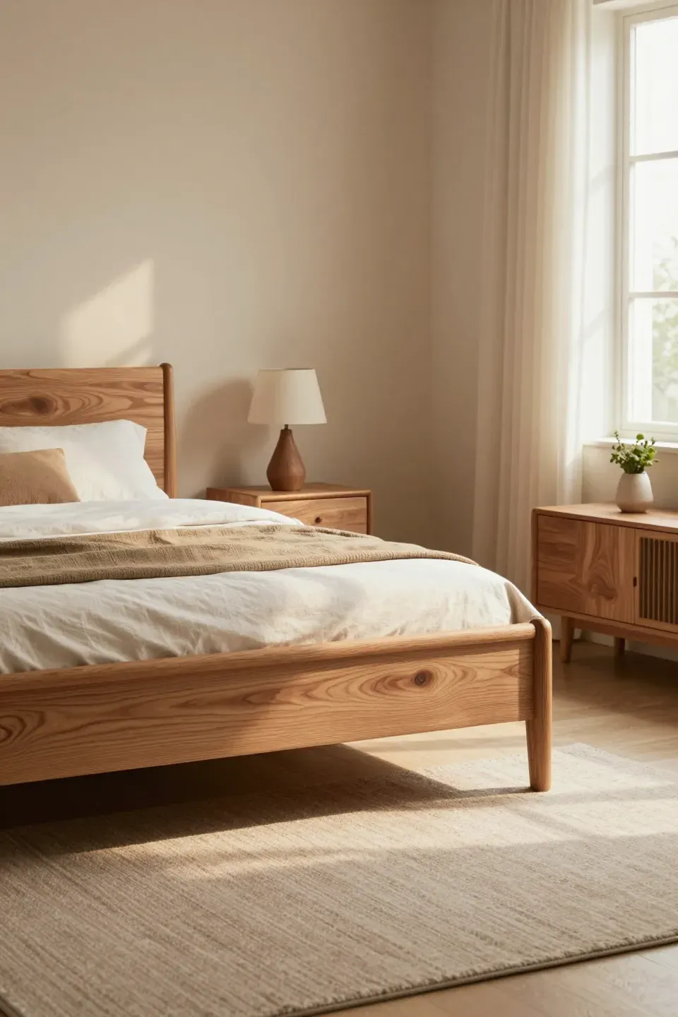 A cozy bedroom showcasing furniture with natural wood grain details, enhancing the earthy atmosphere.
