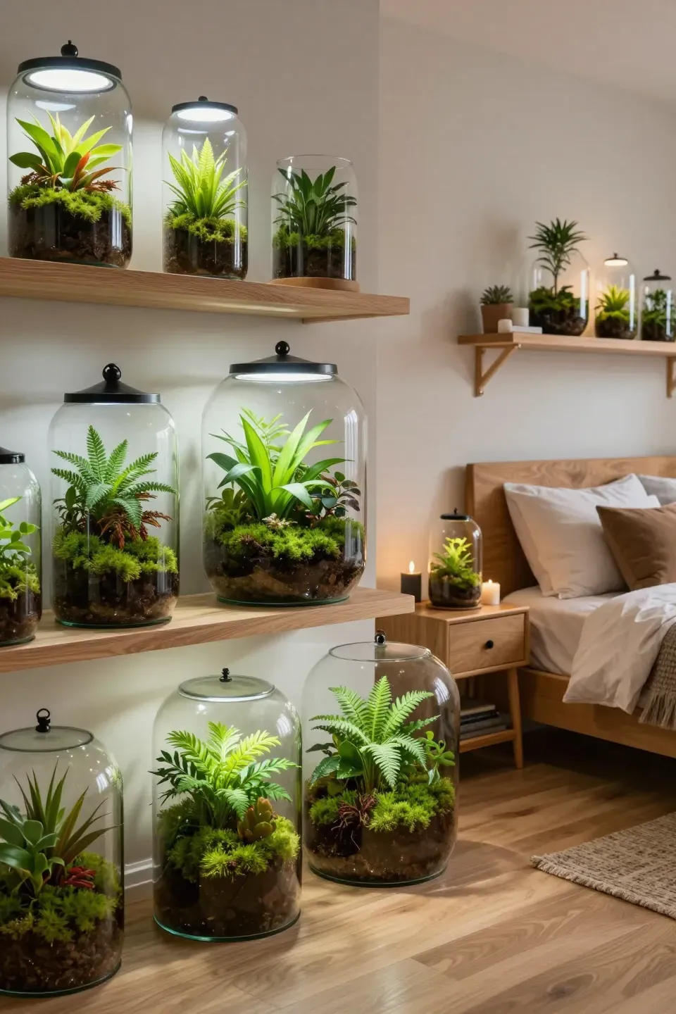 A stylish bedroom featuring glass terrariums filled with plants on shelves and a nightstand.