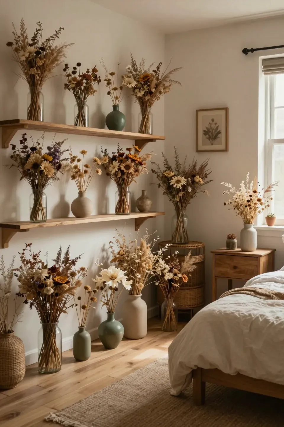 A rustic bedroom featuring dried flower arrangements in simple vases, enhancing the natural decor.