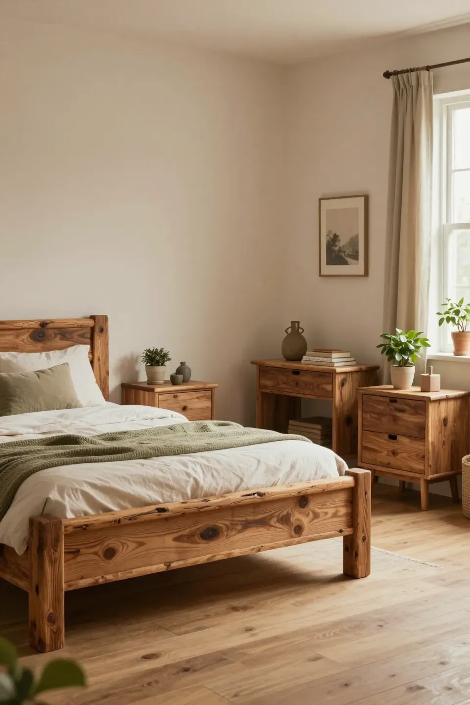 A cozy bedroom featuring reclaimed wood furniture, enhancing the warm and sustainable decor.