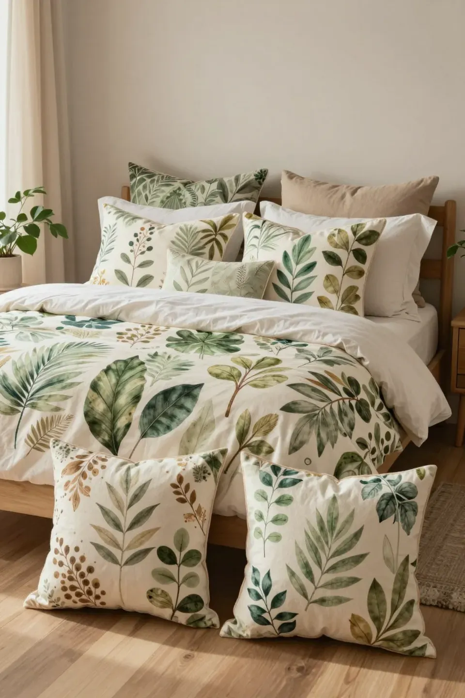 A stylish bedroom featuring pillow covers with nature-inspired patterns, enhancing the warm decor.