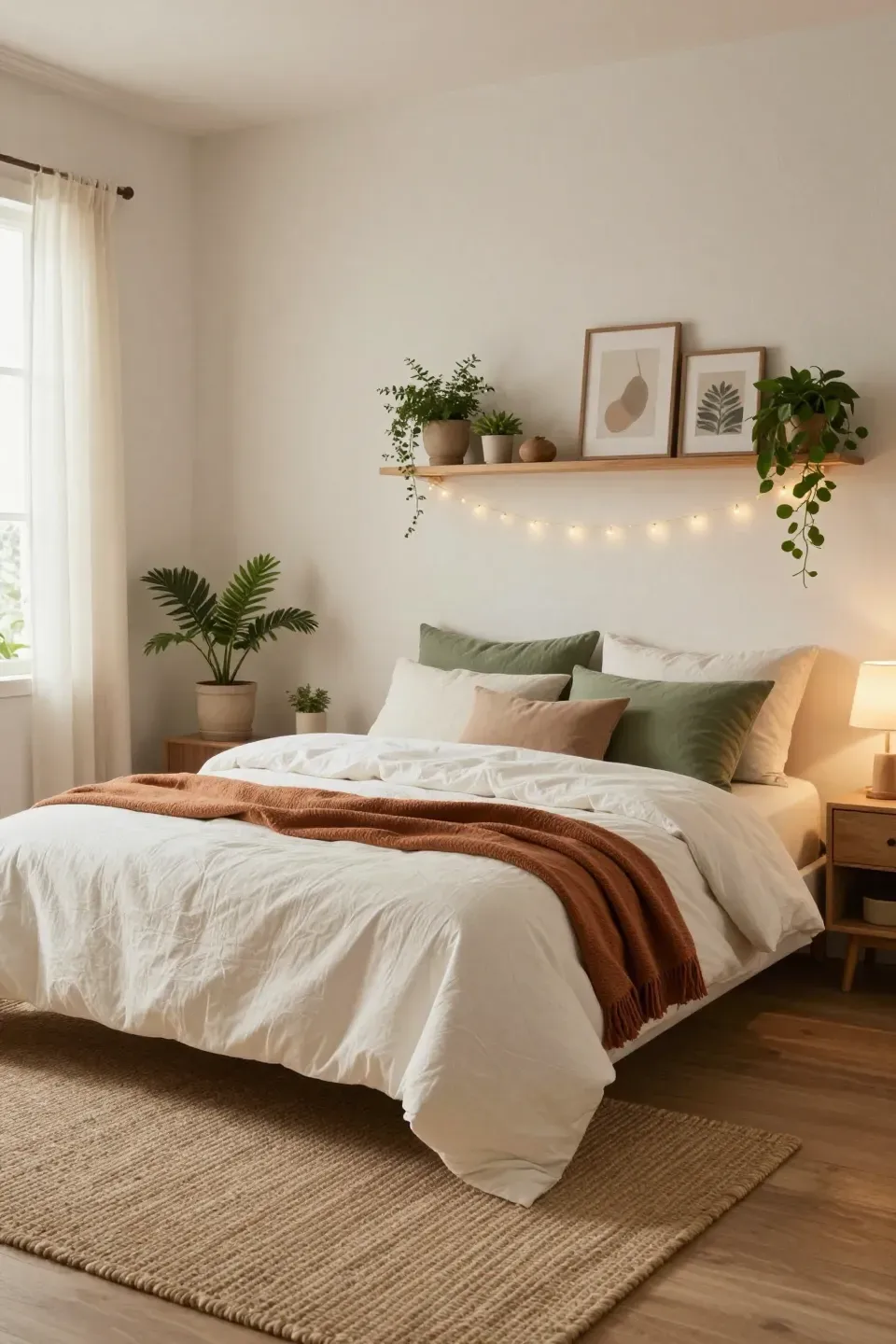 A serene bedroom featuring organic cotton bedding and natural decor for a calming atmosphere.
