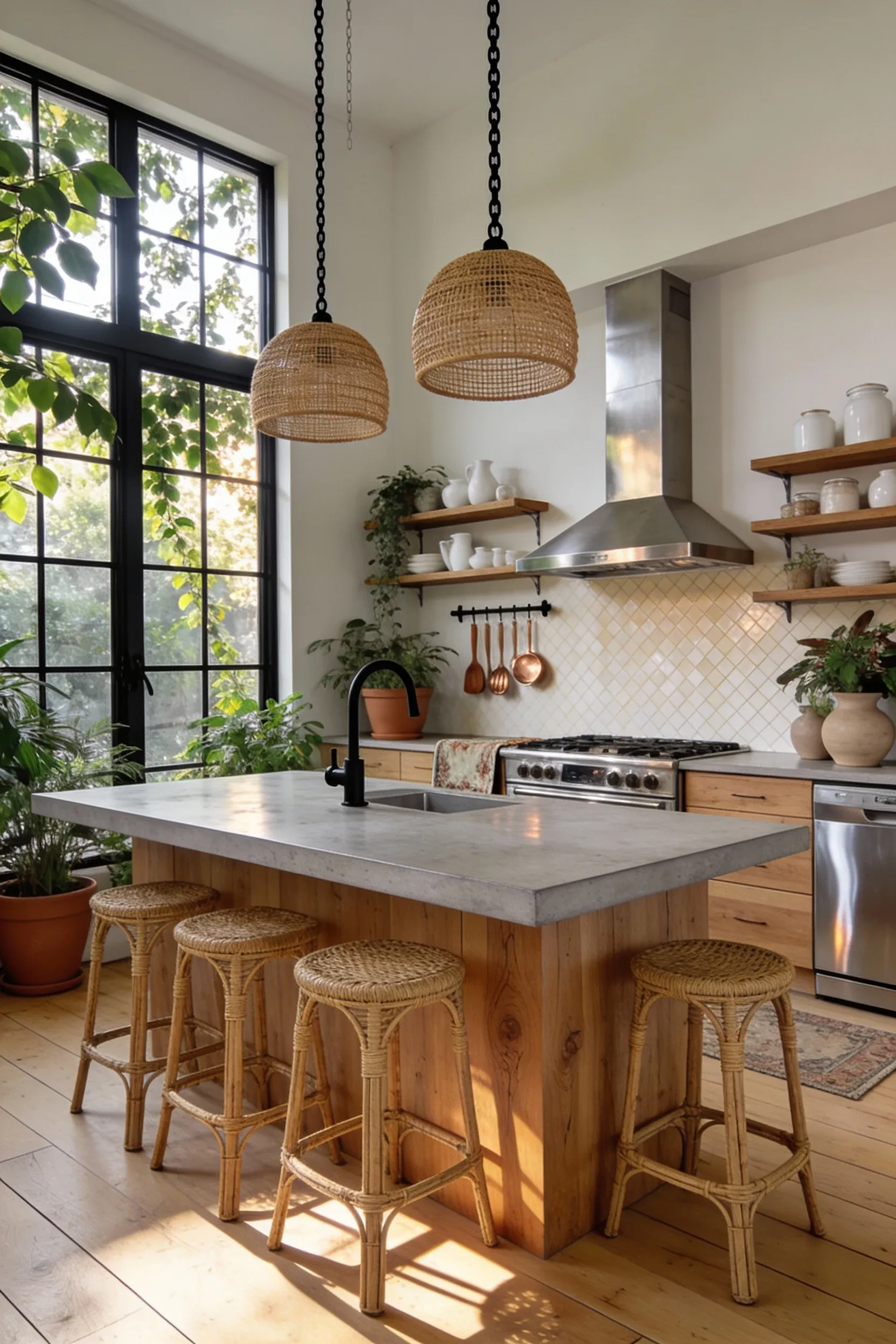 A modern boho kitchen featuring a natural wood island and rattan barstools.