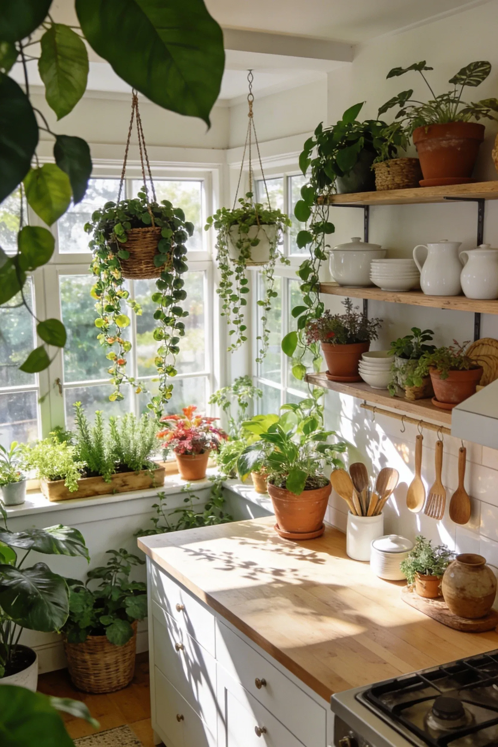 A boho kitchen filled with lush greenery and potted plants.
