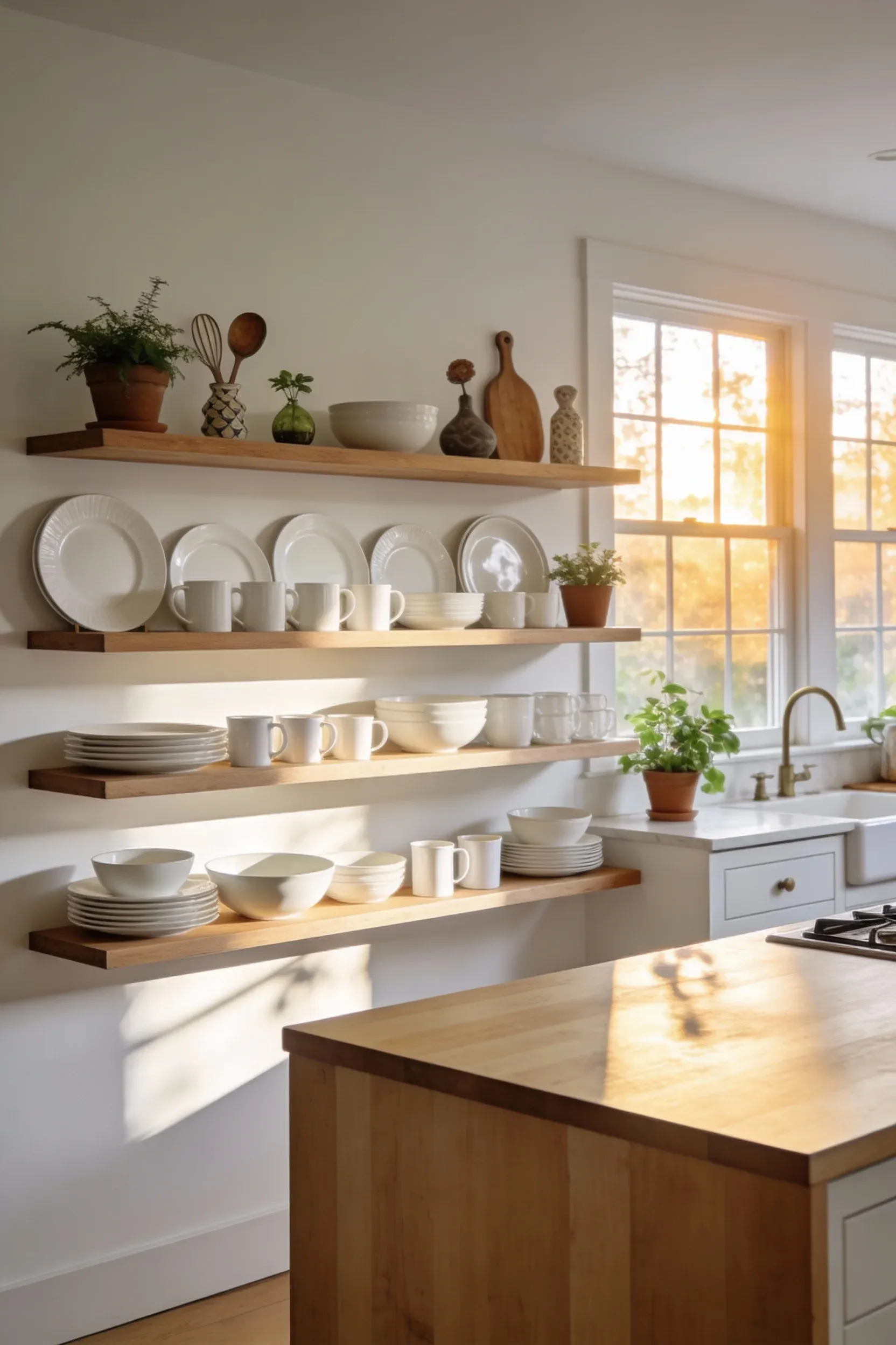Open shelving displaying white ceramics in a modern boho kitchen.