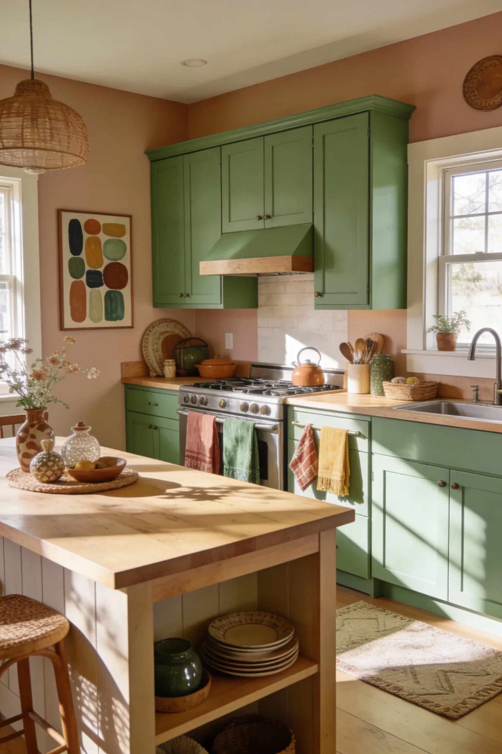 A modern boho kitchen showcasing an earthy color palette.