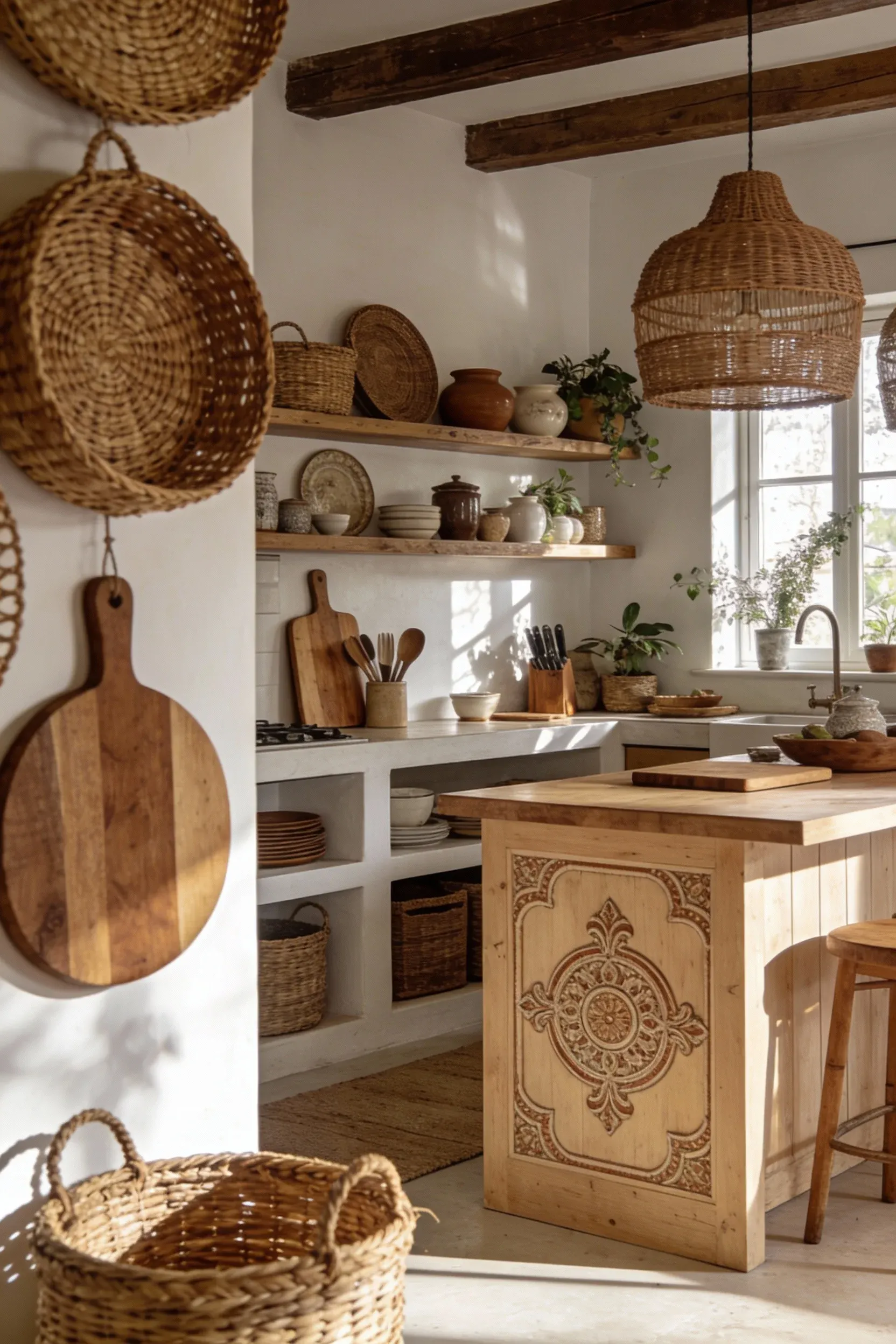 A boho kitchen showcasing layered textures with rattan and wood.
