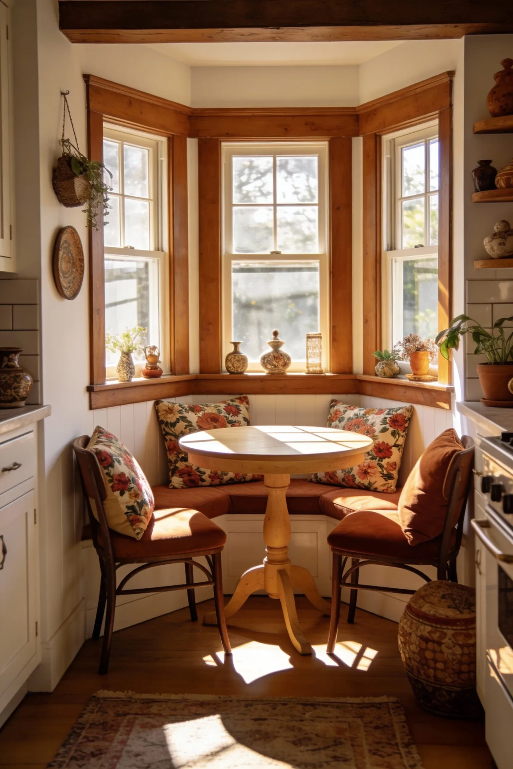 A cozy kitchen nook with a small table and chairs.