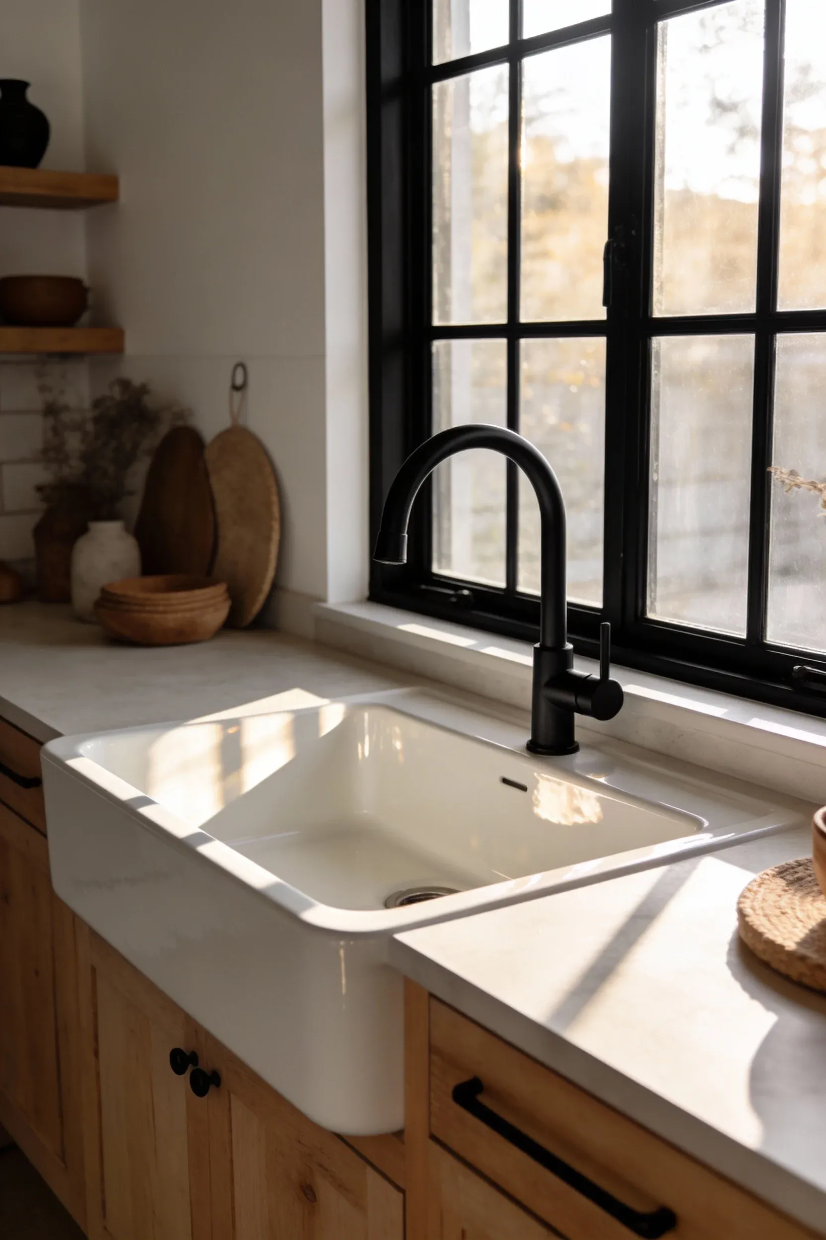 A large white farmhouse sink with a matte black faucet in a rustic kitchen.