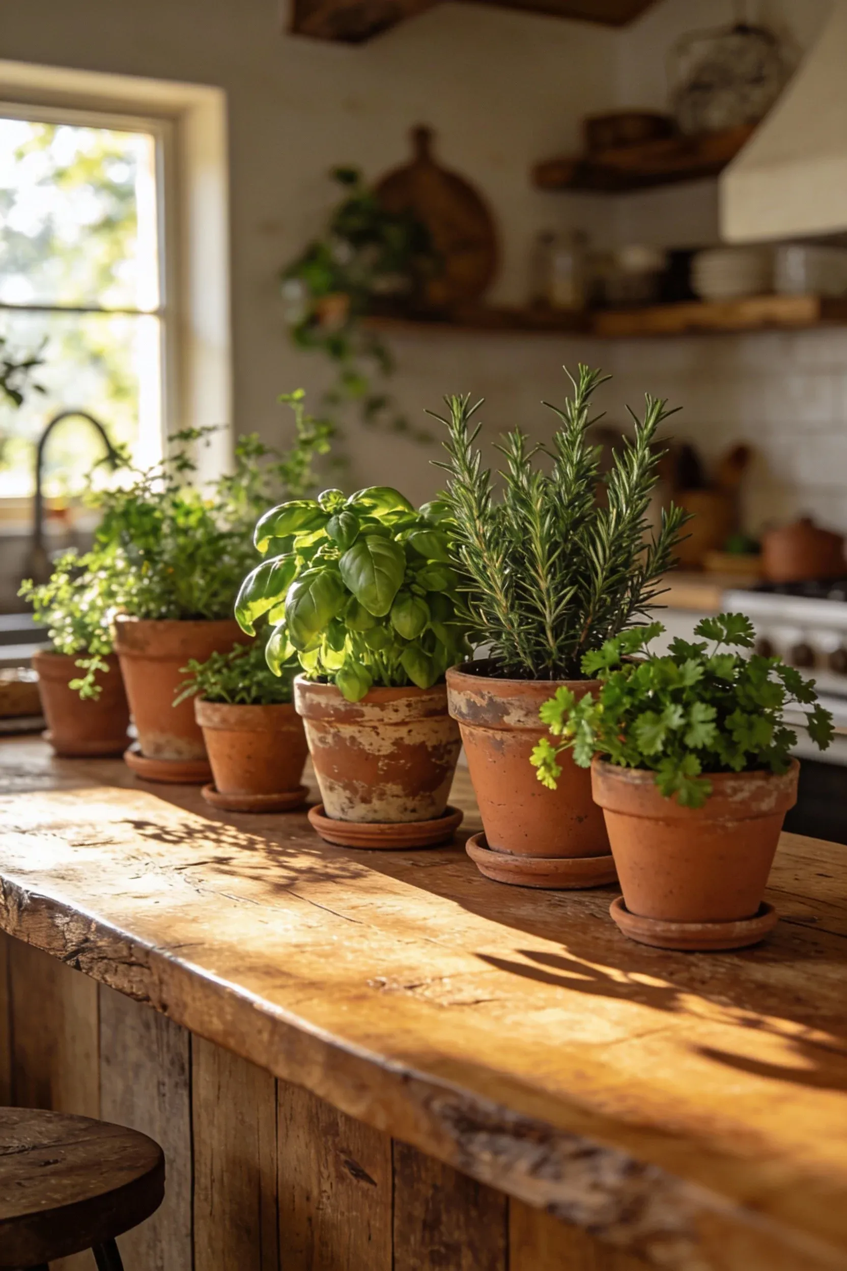 Terracotta planters filled with fresh herbs on a rustic kitchen countertop.