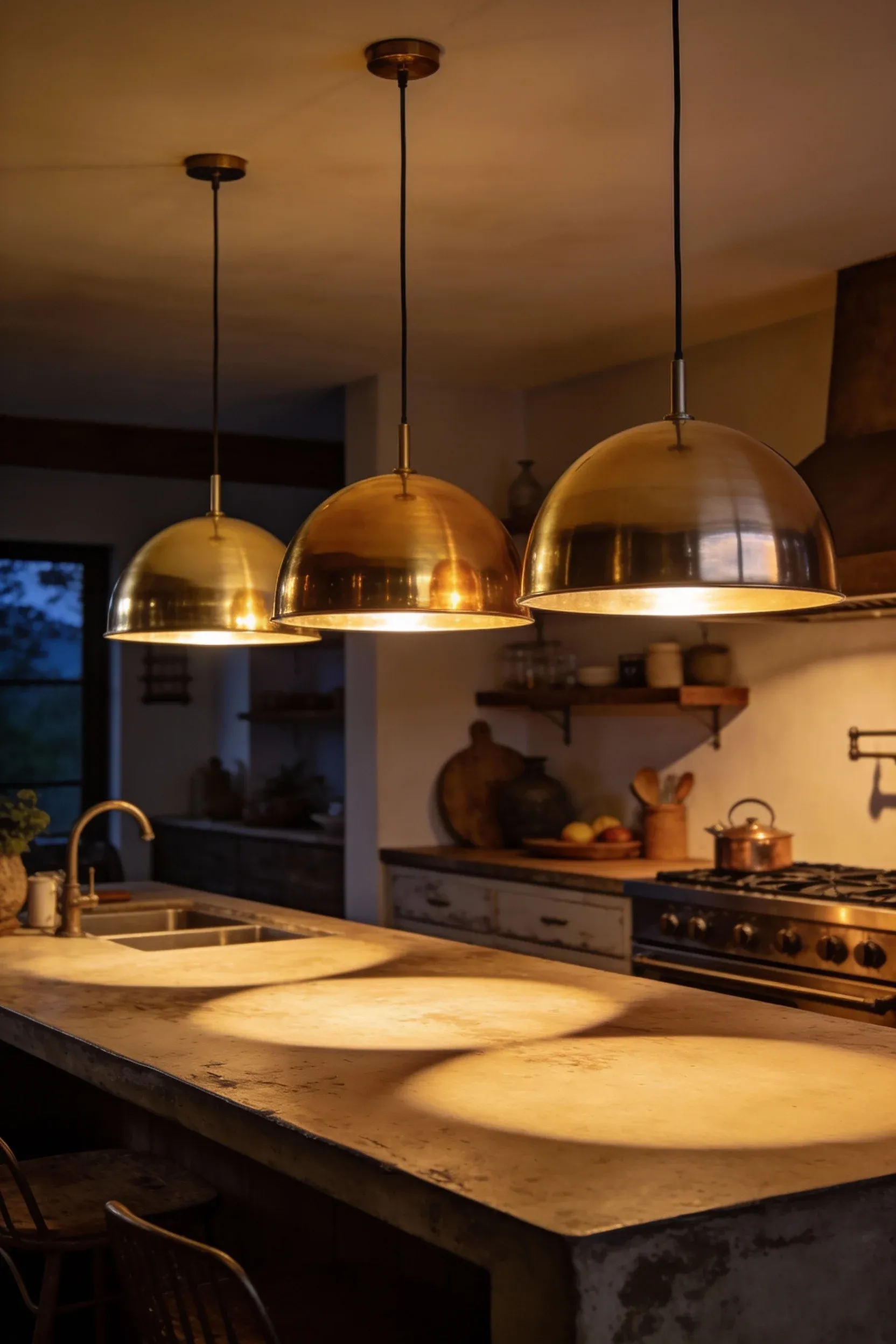 Dome-shaped pendant lights hanging above a kitchen island in a modern boho kitchen.