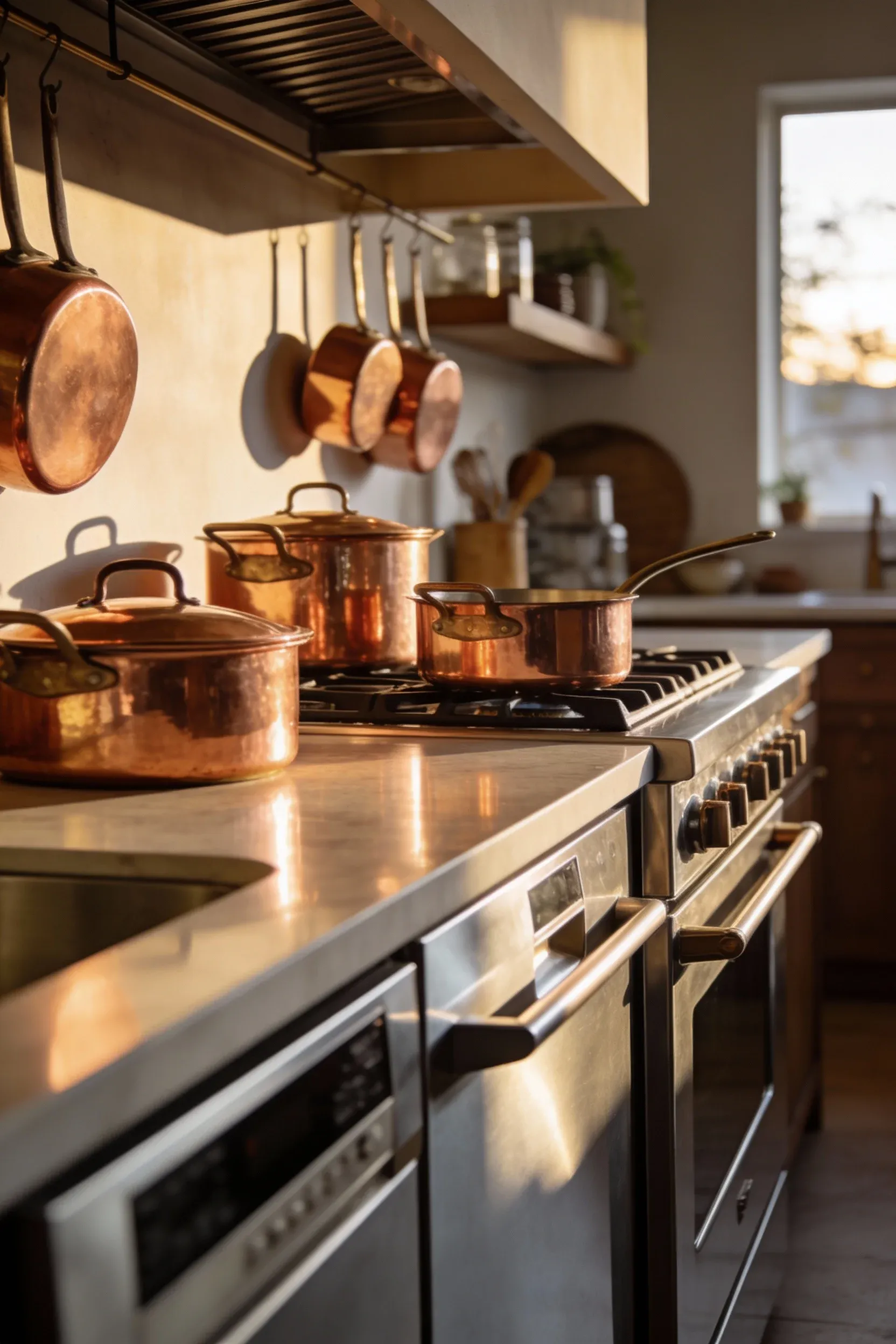 Copper pots and stainless steel appliances in a modern boho kitchen.