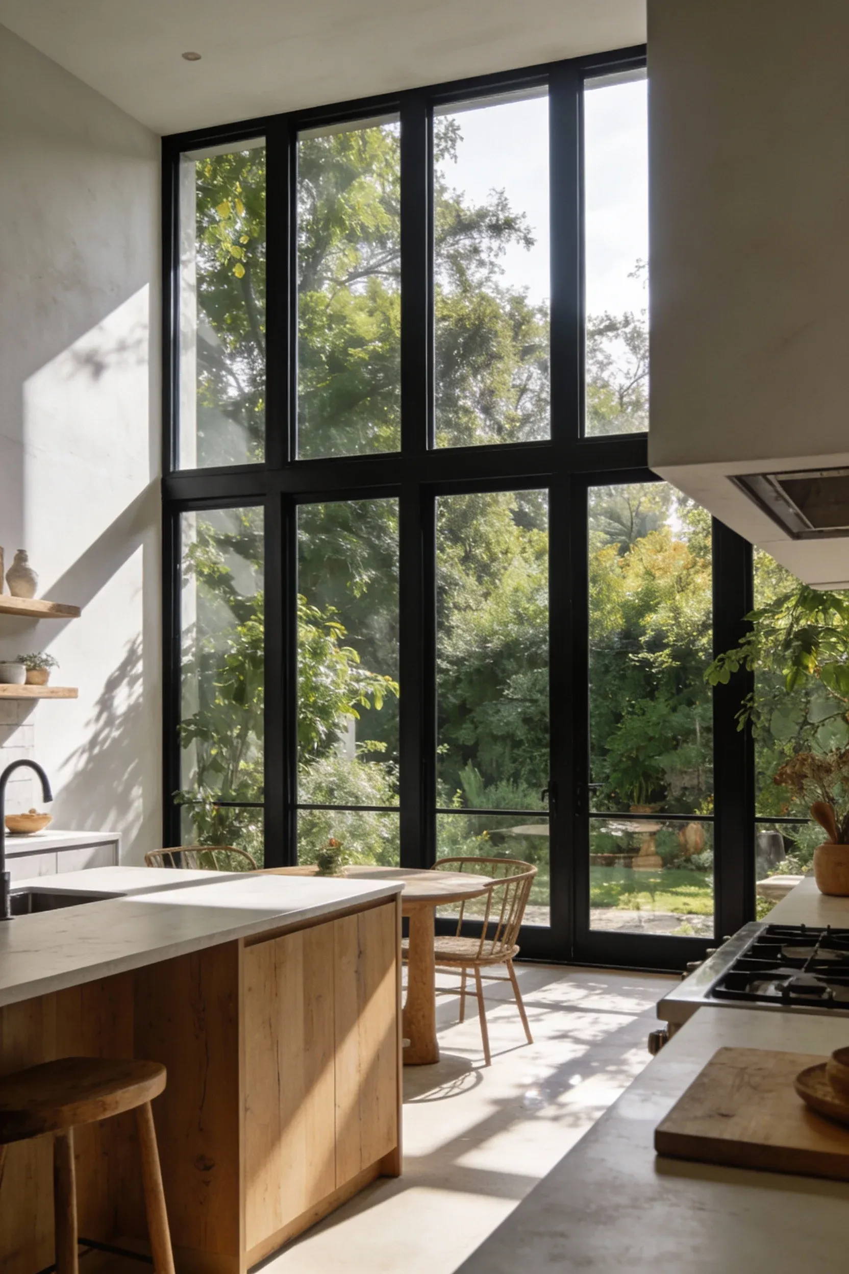 Tall black-framed windows in a bright kitchen, showcasing lush greenery outside.