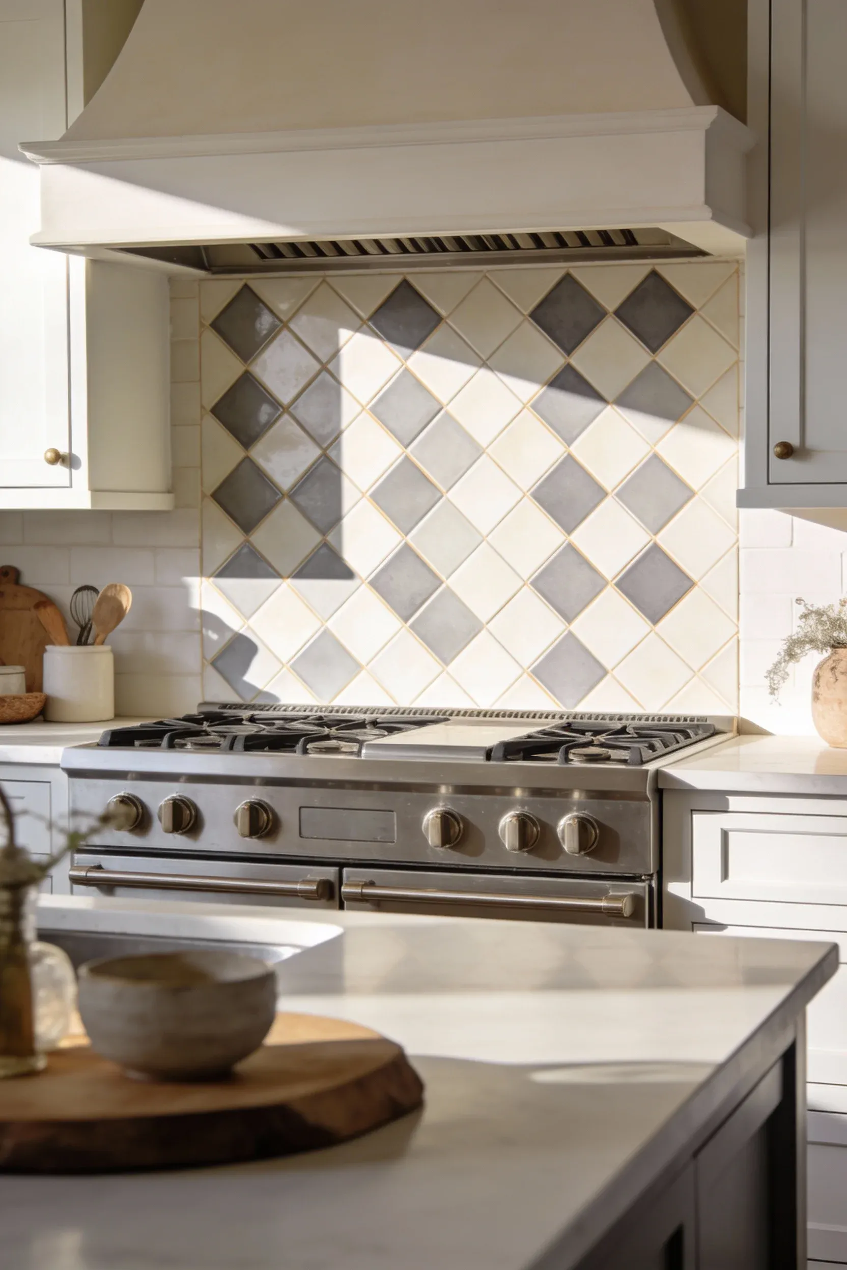 A diamond pattern tile backsplash in a modern boho kitchen.