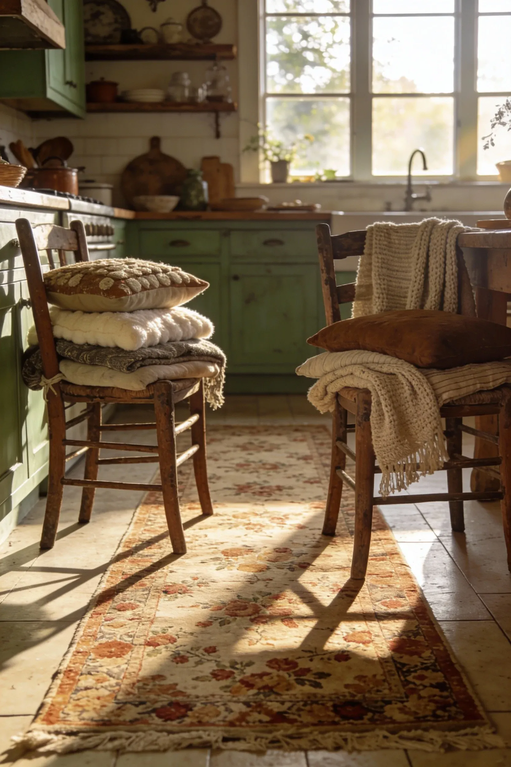 A cozy kitchen with a vintage runner and layered textiles on chairs.
