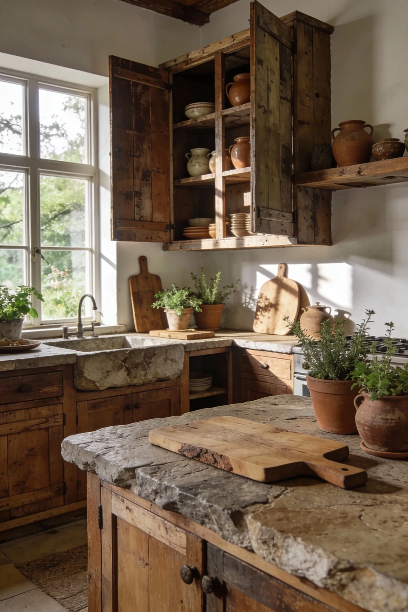 A boho kitchen showcasing natural materials like wood, stone, and clay.