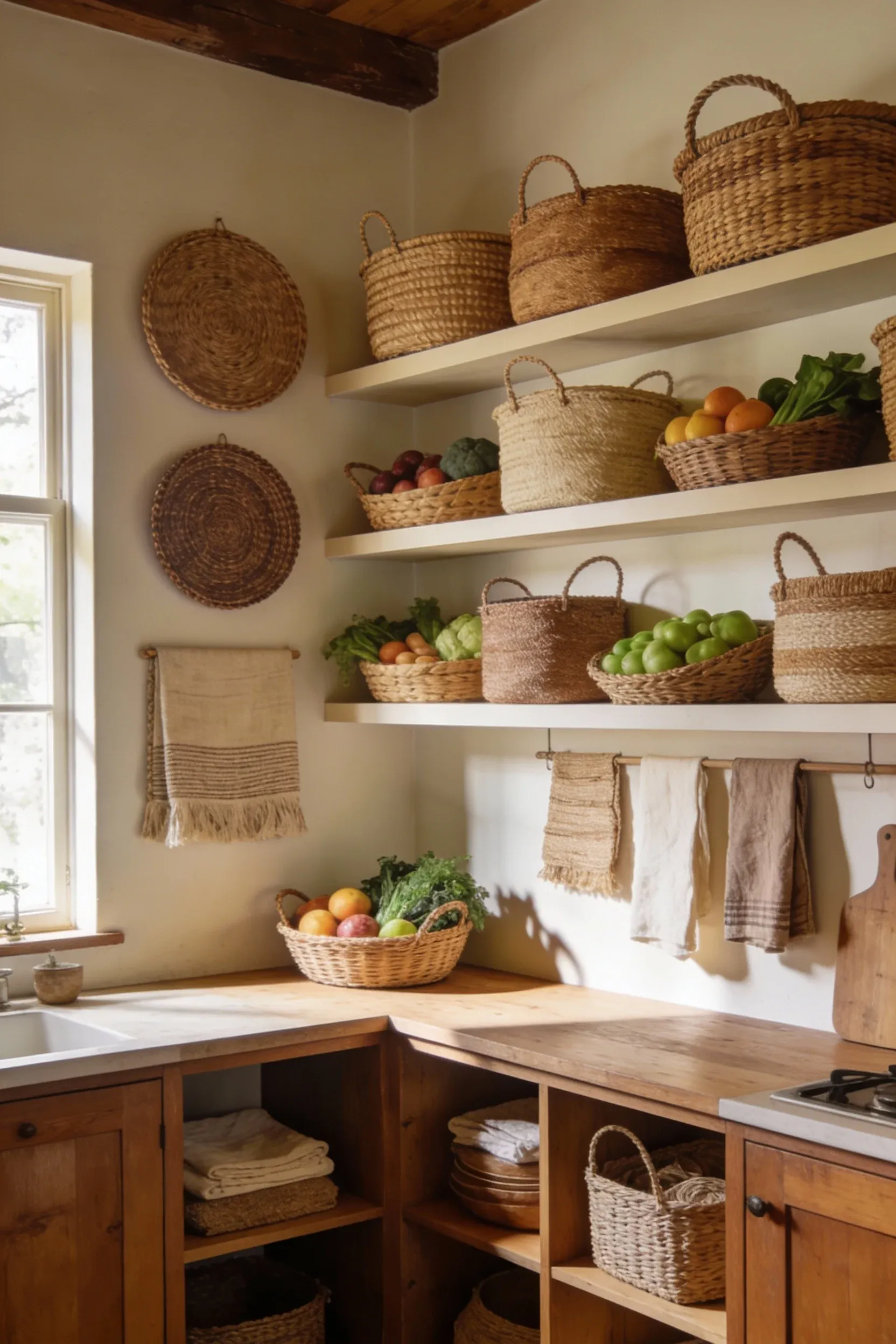 A boho kitchen featuring woven baskets for stylish storage.