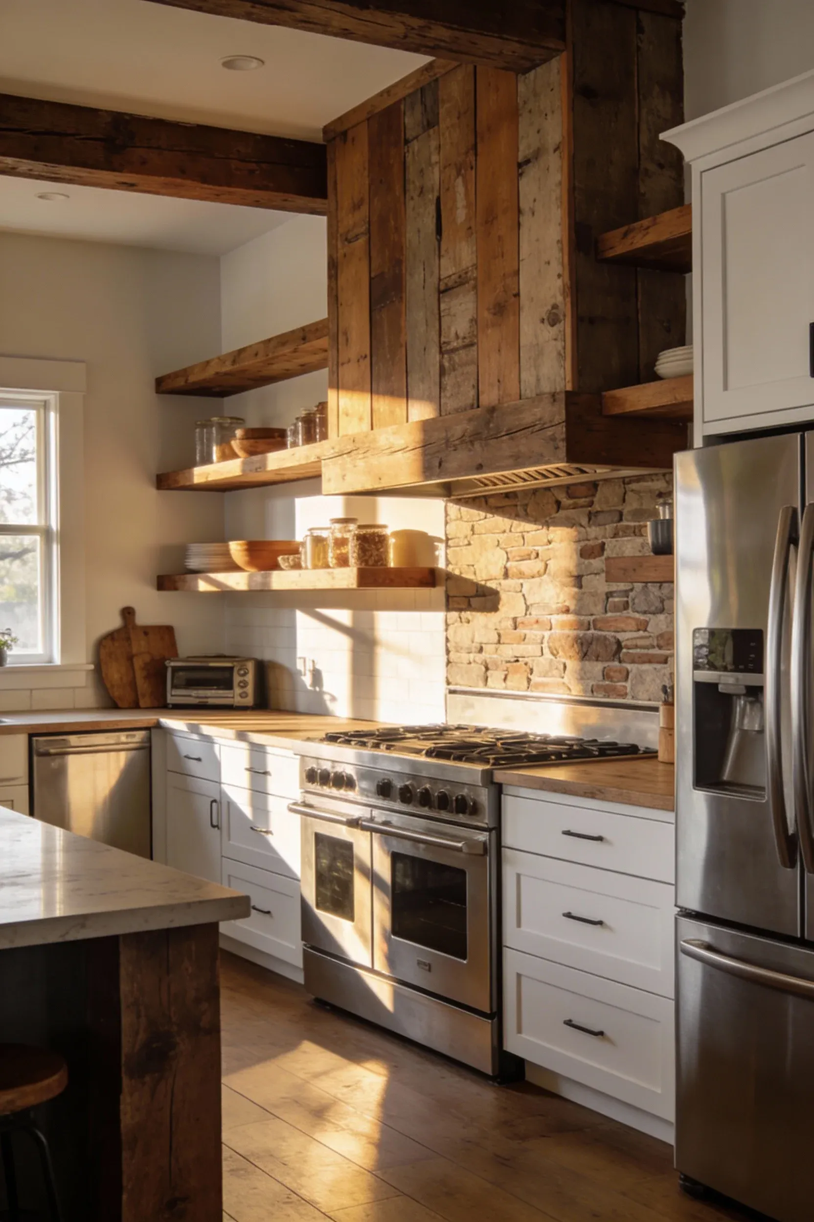 A kitchen combining rustic wood accents with modern appliances.