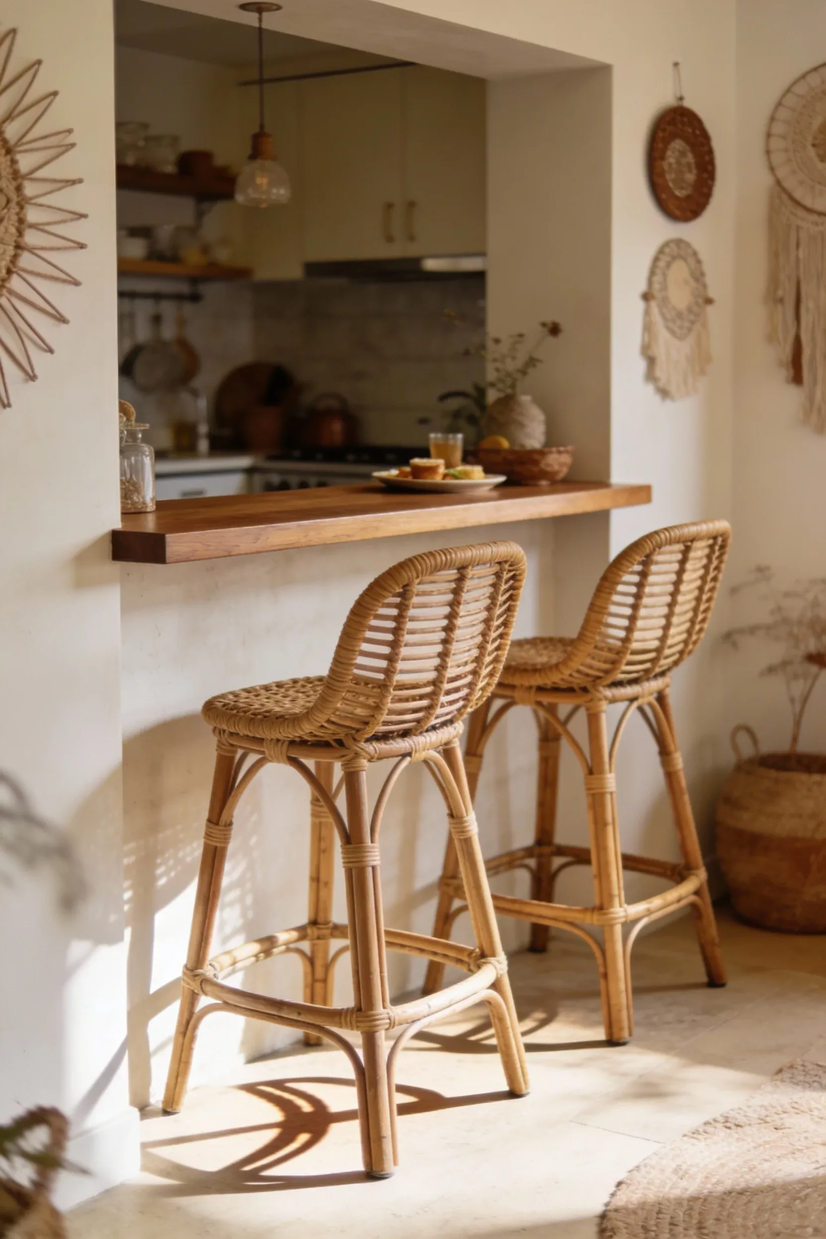 A small kitchen bar with rattan stools for casual dining.
