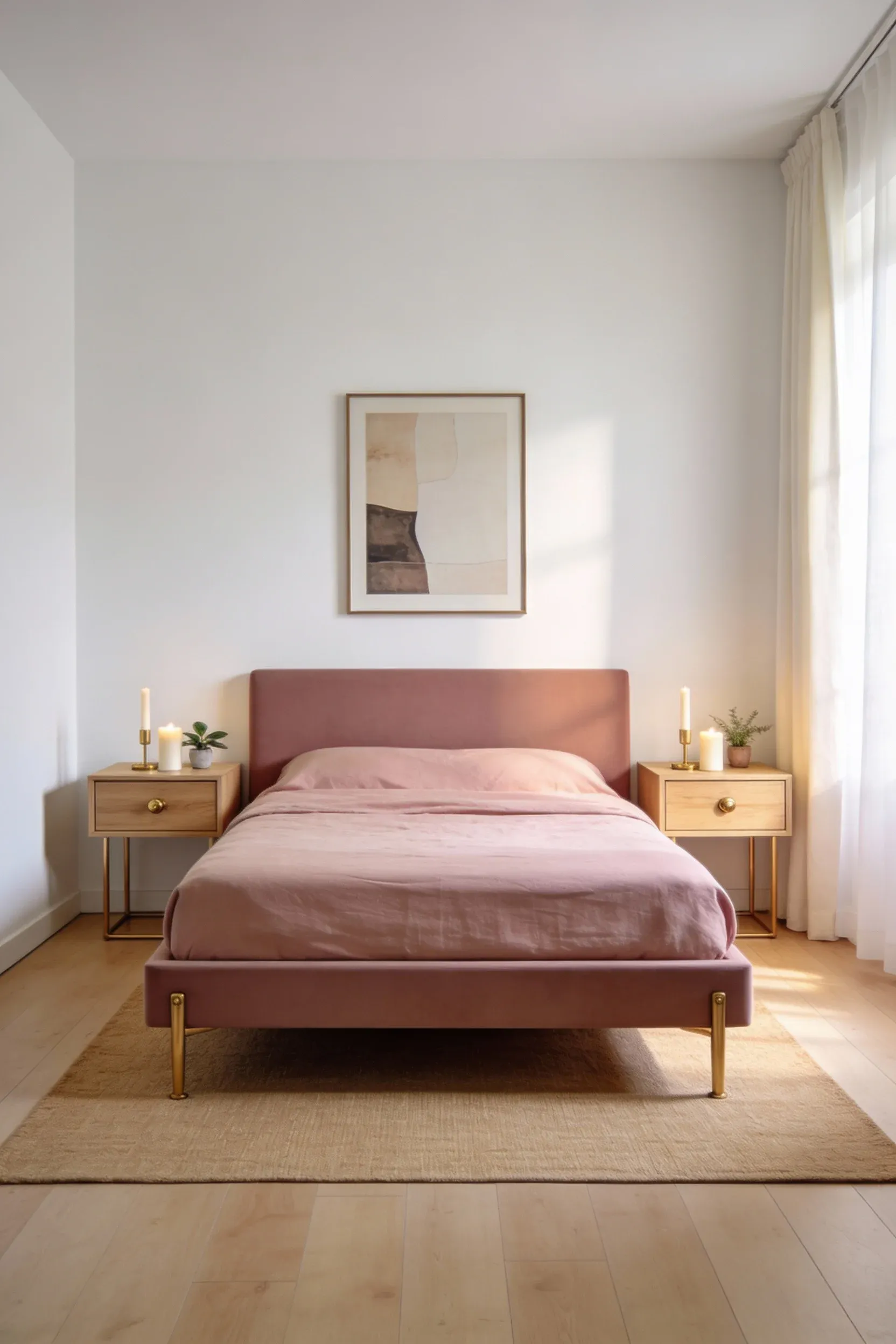 Elegant light oak nightstands with brass accents beside a pink upholstered bed.