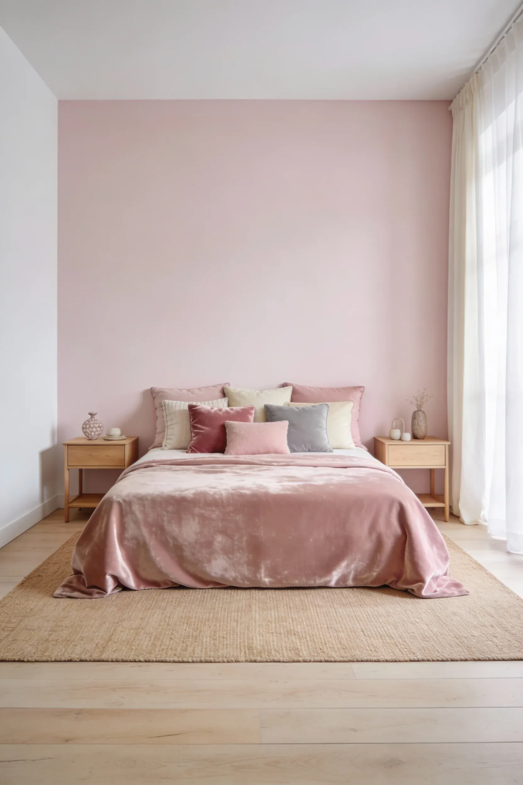 A bed with a variety of mixed linen and velvet pillows in soft hues in a serene bedroom.